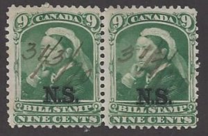 Canada, Nova Scotia #NSB4 used pair, Federal Bill Stamp, Queen Victoria