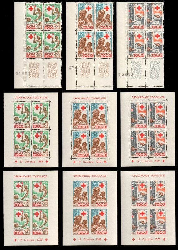 TOGO 1959 RED CROSS # B12-B14 Plate Blocks, B12a-B14a perf/imperf S/S CPLT MNH