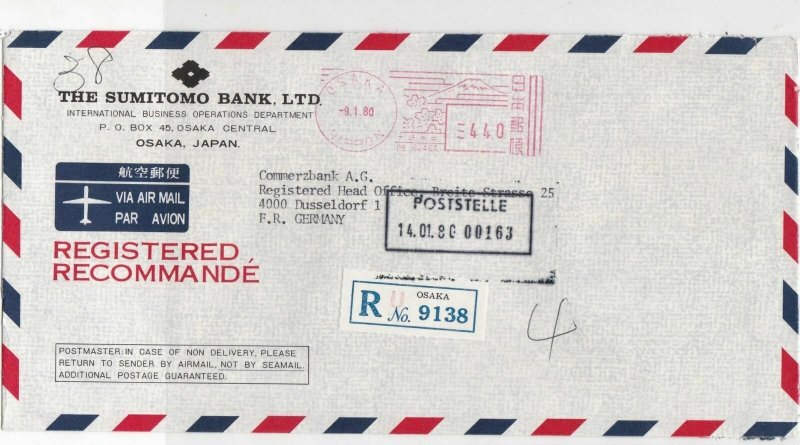 Japan 1980 The Sumitomo Bank Ltd Regd Airmail Meter Mail Stamp Cover Ref 29992