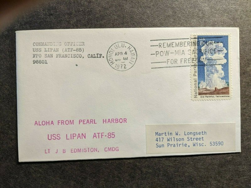 USS LIPAN ATF-85 Naval Cover 1972 Cachet PEARL HARBOR, HONOLULU, HAWAII