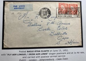 1952 Dublin Ireland Airmail Cover To Bellville South Africa Air Lingus Cancel