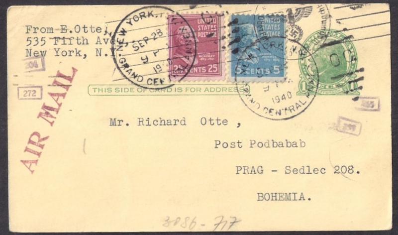 RARE AIRMAIL #UX27 to RICHARD OTTE top notch usage w #829 VF 1940 Interesting