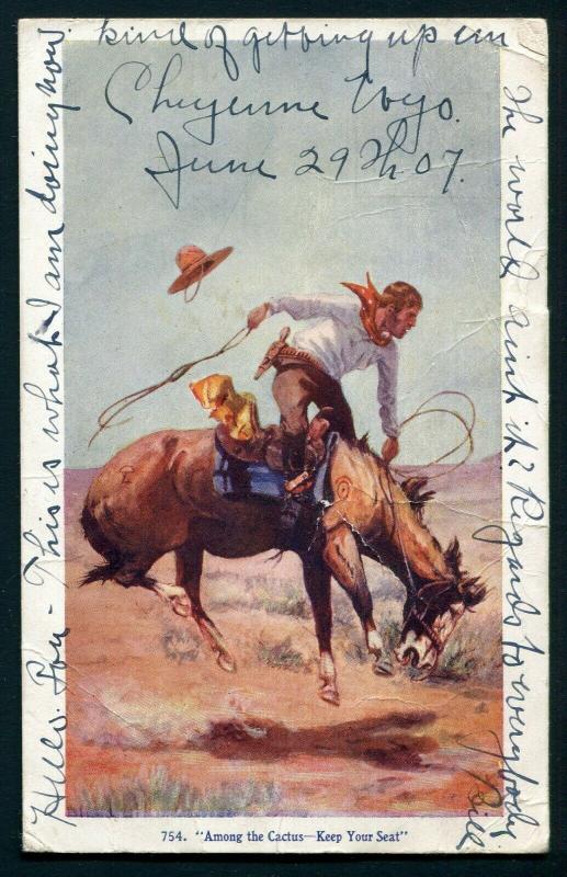 1907 Post Card - Cowboy on a Bucking Horse - Cheyenne, Wyoming to Oconto, WI