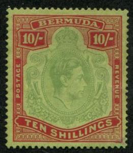 Bermuda SC# 126b SG# 119c George VI 10sh p14 yellow green dp crmn on grn MNH