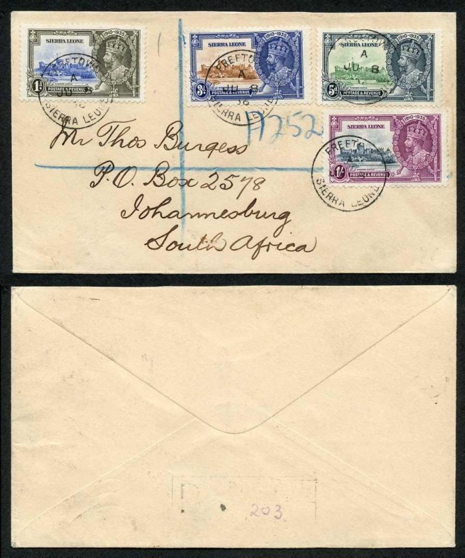 Sierra Leone 1935 Silver Jubilee Set on Registered cover to South Africa 