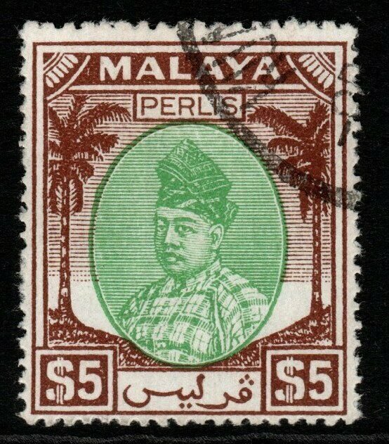 MALAYA PERLIS SG27 1951 $5 GREEN & BROWN FINE USED