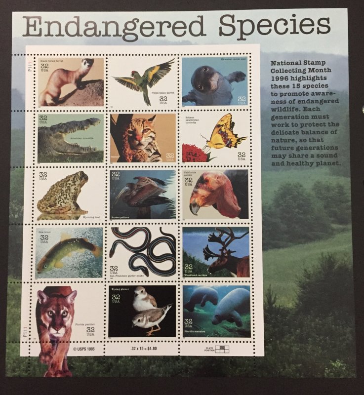 U.S. 1996 #3105 S/S, Endangered Species, MNH