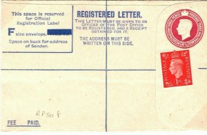 GB KGVI Postal Stationery RP50F Size F 4½d 1d Uprated Registered 1940 PB38