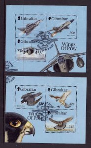 Gibraltar-Sc#811a,814b-two used sheets-Fighter Planes-Raptors-Birds-1999-