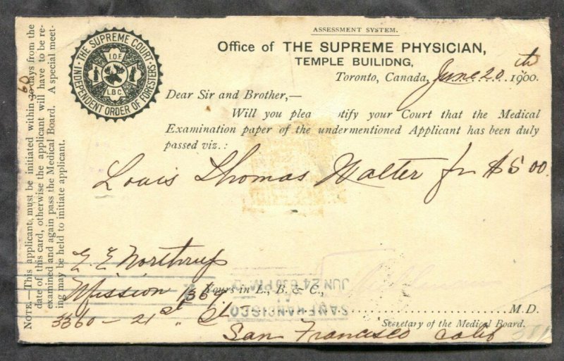 d270 - TORONTO 1900 Bickerdike Flag on Foresters Postal Card. Supreme Physician