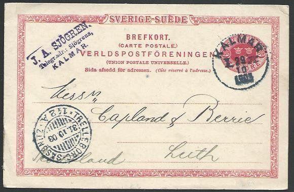 SWEDEN 1903 10 ore postcard used KALMAR to Scotland........................10581