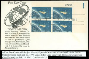 FEB 20 1962 CAPE CANAVERAL Cds / FDC CANCEL, PROJECT MERCURY, SC #1193 PL. BLK/4