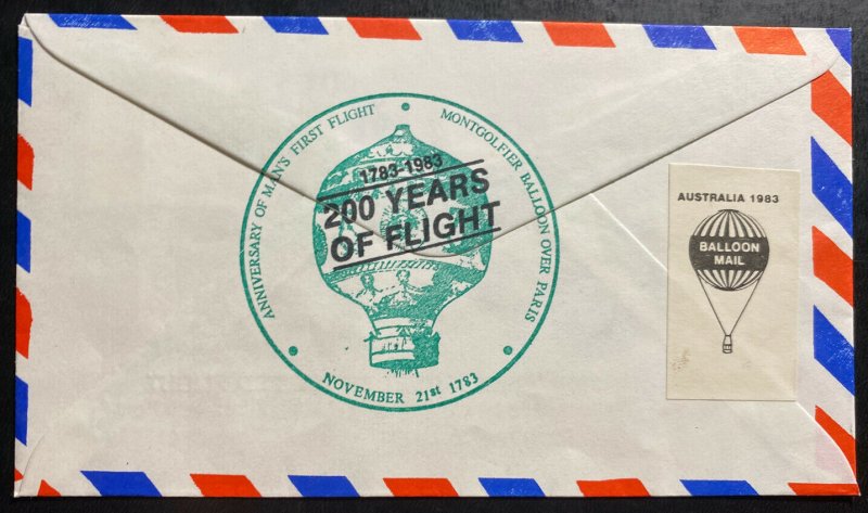1983 Australia Ballon Crashed Flight Airmail Cover 200th Anniversary Of Manned