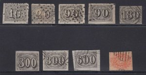 BRAZIL 1850-61 NUMERALS Sc 21-22, 25-28 & 39 NINE FORGERIES USED (CV$614) 