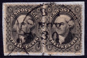 US Scott 36 (Pair) 1857 Washington, 12c black, VERY FINE USED