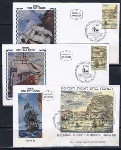 ISRAEL 1980 HAIFA STAMP EXHIBITION SHEET + STAMPS ON 3 SPECIAL FDC BOAT SHIPS