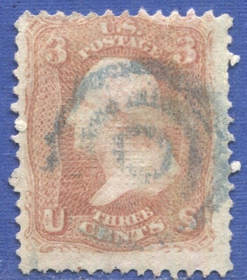 US 1868 Sc 94a  Used  F-VF 3c Washington with Grill, blue target cancel