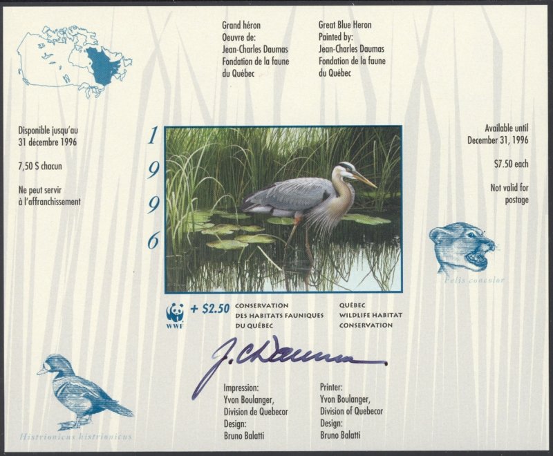 Canada Sc# QW9Ad Jean-Charles Daumas (SIGNED) Mint 1996 Quebec Wildlife (IMPERF)