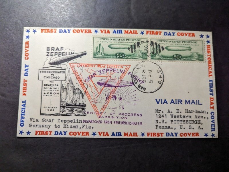 1933 USA LZ127 Graf Zeppelin Airmail First Day Cover FDC NY to Pittsburgh PA