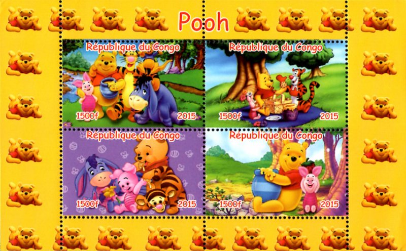 Congo 2015 Pooh Disney Cartoon Characters 4v Mint Souvenir Sheet S/S. (#4)