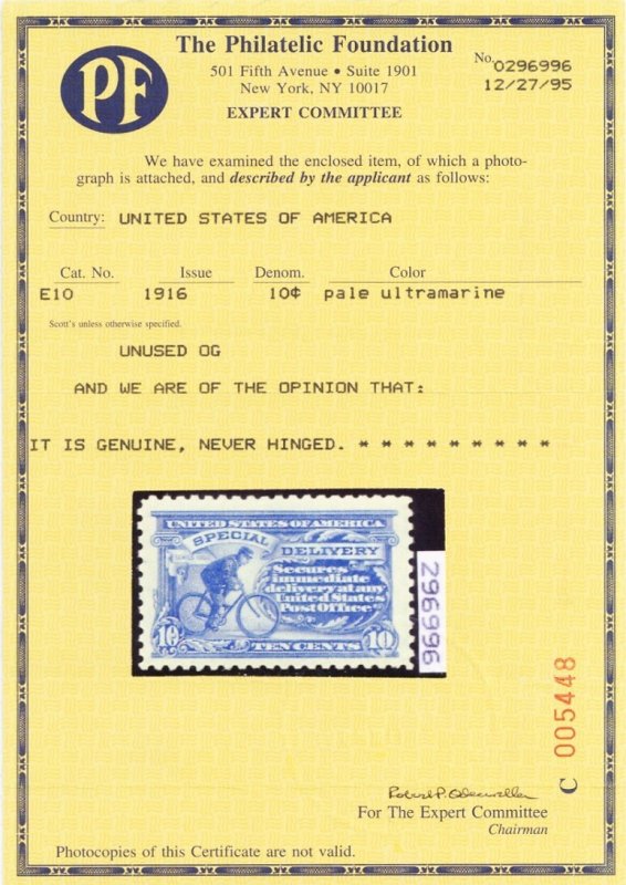 E10 Mint XF NH 10¢ - Fresh Stamp With PFC Certificate - Stuart Katz