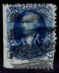 US Stamp #72 USED 90c Washington SCV $600.Great Bar Cancel.