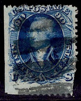 US Stamp #72 USED 90c Washington SCV $600.Great Bar Cancel.