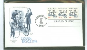 US 2266 1988 24.1c tandem bicycle - 1890's, transportation series coil plate number #1 strip of 3, unaddressed fdc with ...