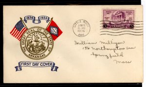 US 782 1936 3 cent Arkansas Statehood/100th Anniversary (single) on a hand-addressed FDC with a Plimton cachet