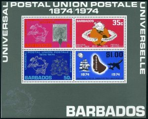 Barbados 412-415,415a sheet,MNH. UPU-100,1974:Globe,Arms,Sailing ship,Jet.