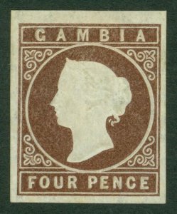 SG 5 Gambia 1869. 5d brown. Fine mounted mint. 4 good to large margins CAT £400