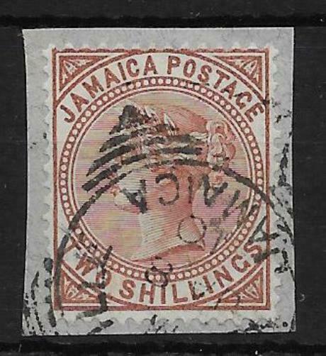 JAMAICA SG55 1908 2/= VENETIAN RED USED ON PIECE