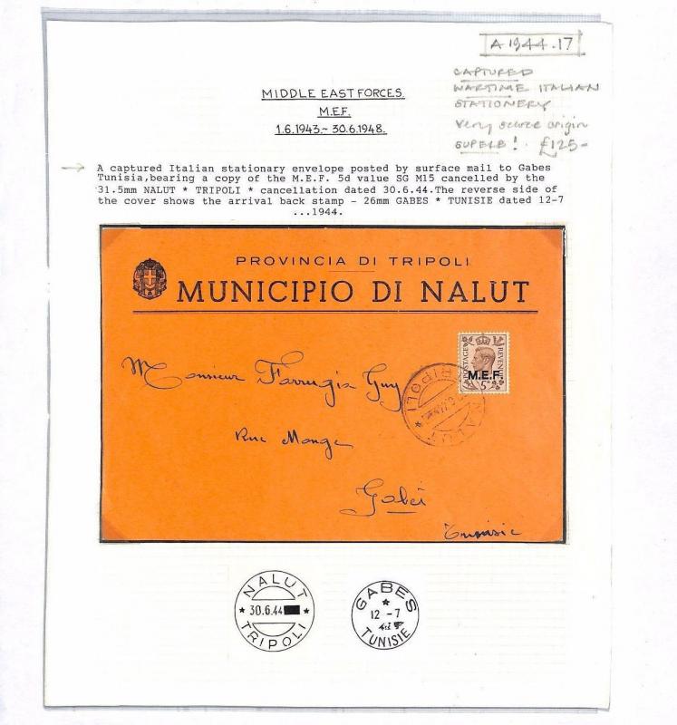 BOIC Libya NALUT Official *Captured Italian Stationery* WW2 GB MEF Cover Tunisia