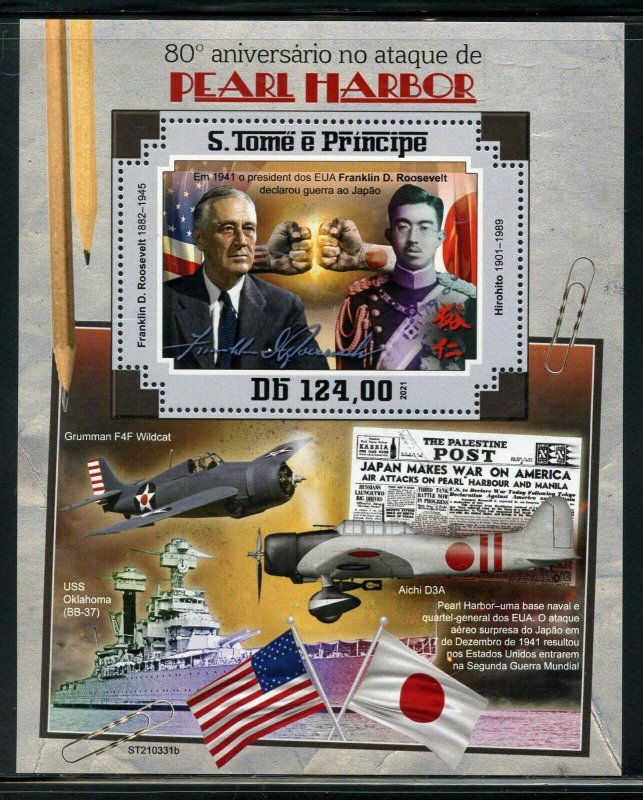 SAO TOME 2021 80th ANN PEARL HARBOR ATTACK FDR SOUVENIR SHEET MINT NEVER HINGED