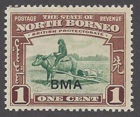 North Borneo #208 MNH single, Buffalo transport overprinted BMA, issued 1945