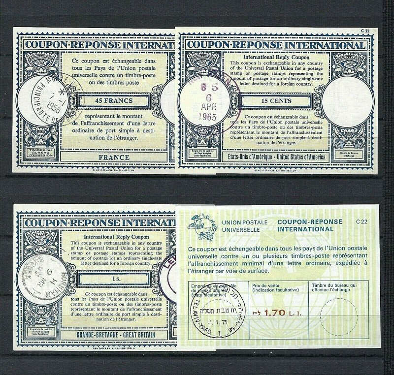 JASTAMPS: 5 INTERNATIONAL RESPONSE COUPONS ~ USED FREE SHIPPING