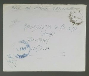 1942 Bombay India Free Postage Active Service Field Post Censorship WWII Cover