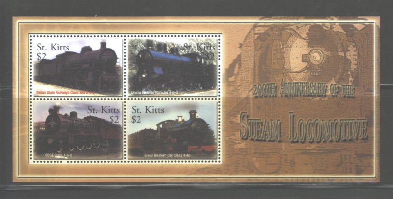 ST. KITTS 2004 TRAINS M.S.. #595 MNH