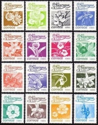 Nicaragua 1515-1530, MNH. Michel 2652-2667. Flowers 1986, inscribed 1985.