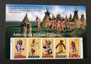 US scott# 3072-3076 American Indian Dances 5 stamps with upper banner MNH