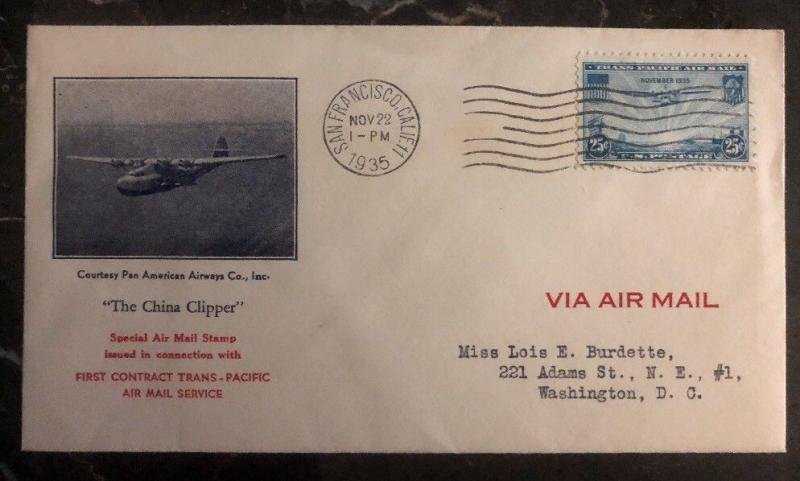 1935 San Francisco Ca USA first flight cover FFC To Washington DC China Clipper