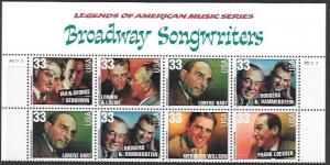 US #3345-50 Broadway Songwriters. PB with header.