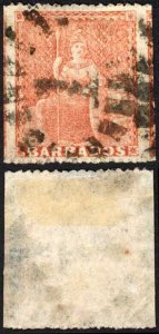 Barbados SG25 (4d) Dull Rose-red Rough Perf 14 to 16 No Wmk Cat 75 pounds