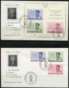 CYPRUS 1965  JOHN F. KENNEDY MEMORIAL SET &  SOUVENIR SHEET ON  FIRST DAY COVERS