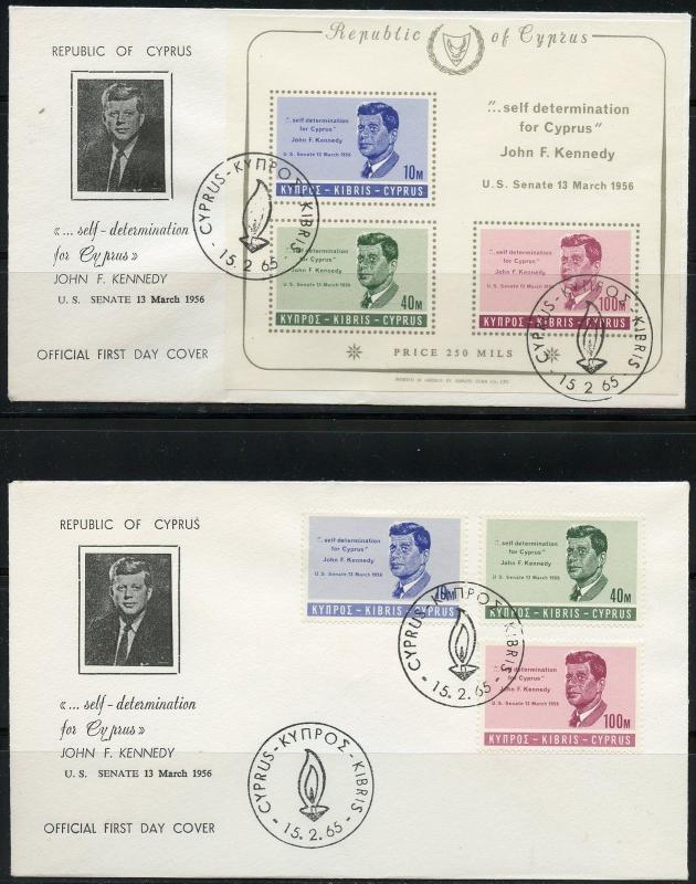 CYPRUS 1965  JOHN F. KENNEDY MEMORIAL SET &  SOUVENIR SHEET ON  FIRST DAY COVERS