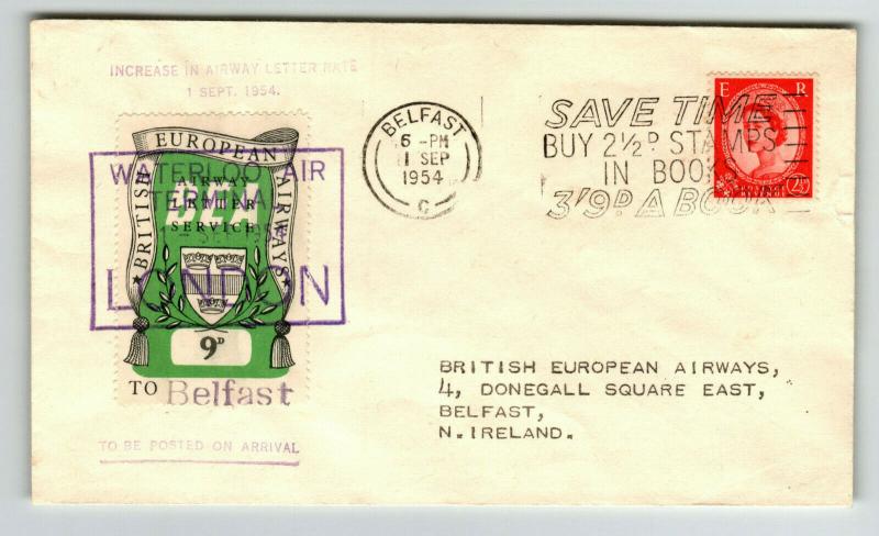 Great Britain 1955 9d BEA Flight Cover / FDC / to Belfast - Z13743