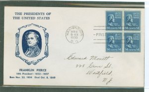 US 819 1938 14c Franklin Pierce (part of the presidential/prexy series) block of four - on an addressed first day cover with a H