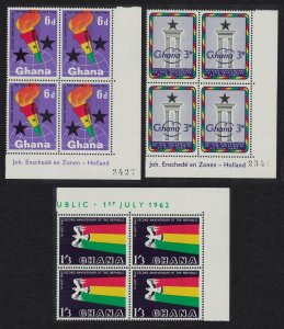 Ghana Birds 2nd Anniversary of Republic 3v Corner Blocks of 4 1962 MNH