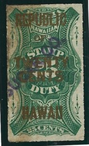 HAWAII Scott #R8 Used 20c surcharged on 25c Revenue stamp 2019 CV $100.00