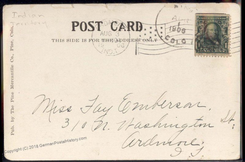 USA 1906 PINE GROVE Colorado Indian Territory Cover Postcard 94220